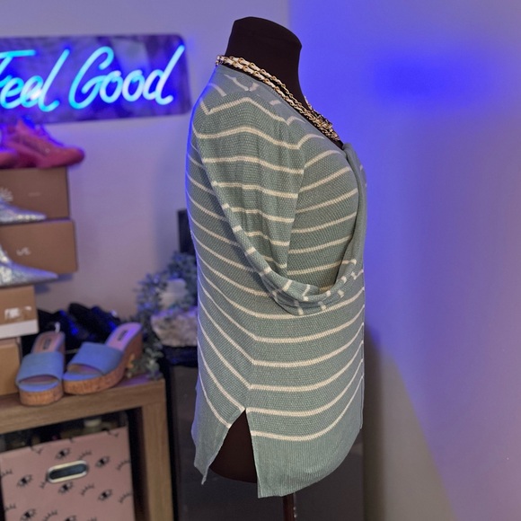 Pink Rose Striped Sweater in Dusty Blue with Cross Cross Detail Down Back - Picture 3 of 4